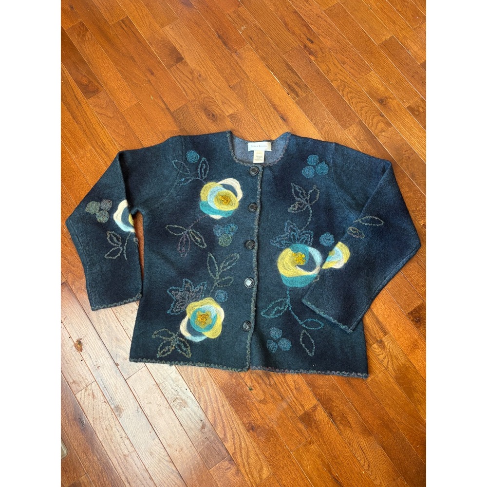 Susan Bristol Wool Floral Hand Embroidered Cardigan Sweater Teal Blue Charcoal L